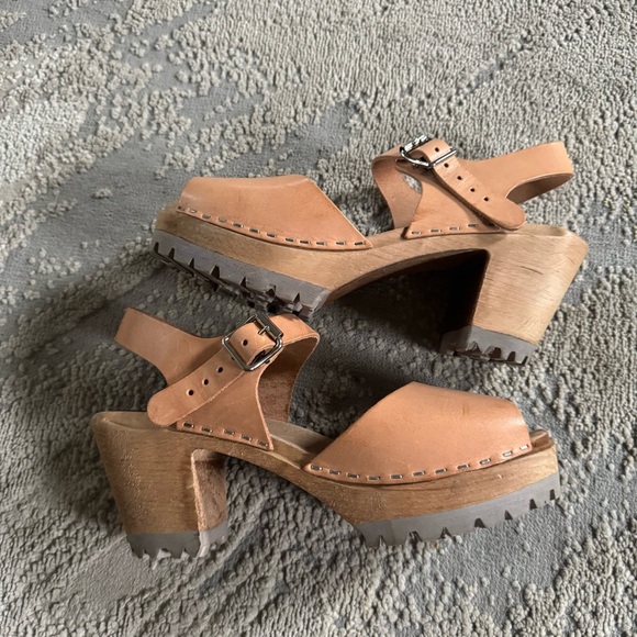 MIA Sweden Greta Leather Wood chunky Platform Clog Sandals Tan 39 / 9 - Picture 4 of 16